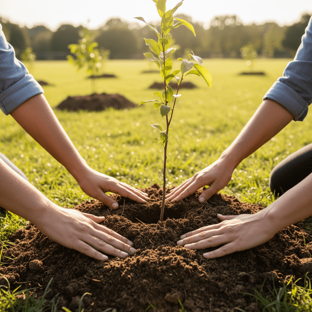 Tree planting being done correctly with professional soil preparation