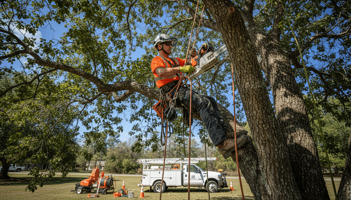 Professional arborist trimming tree branches with care and precision