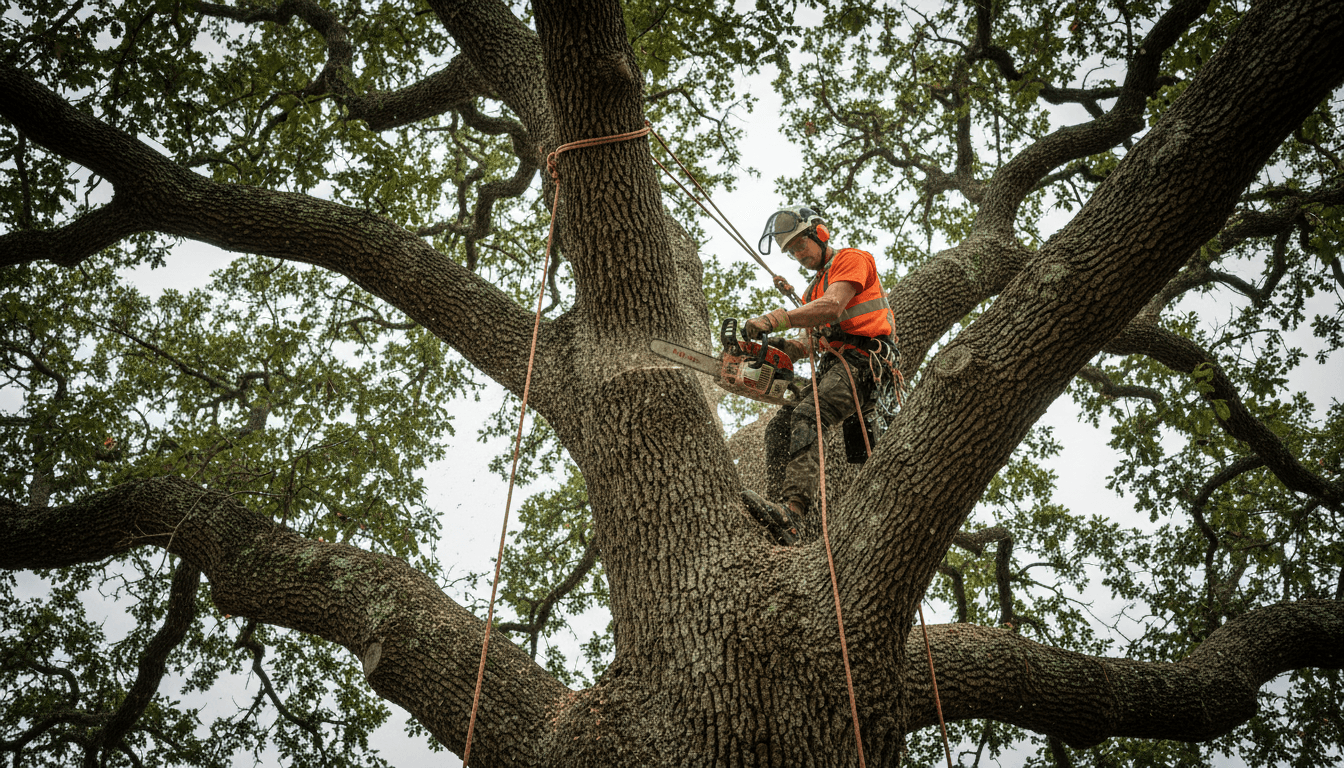 Professional arborist safely trimming a large tree using proper equipment in a Cedar Rapids residential yard